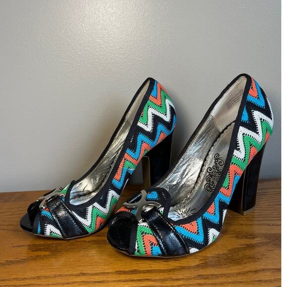 Naughty Monkey Women's Moroccan Strut Pump Black Orange Peep Toe Y2K Size 7.5 - Picture 1 of 8